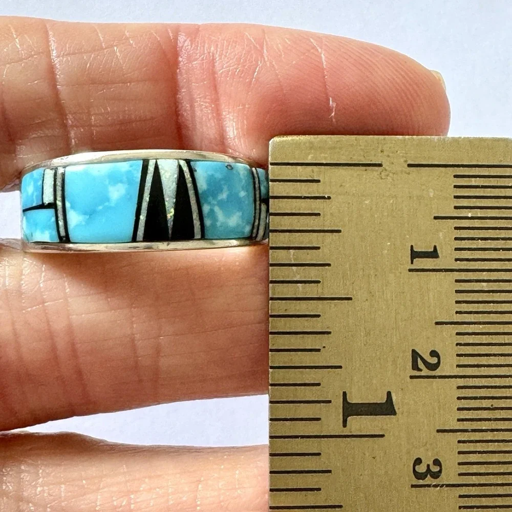 Mens Navajo Wedding Band Sz 10.5 Turquoise Opal Inlay 9mm‎ Ring Unsigned Tolino